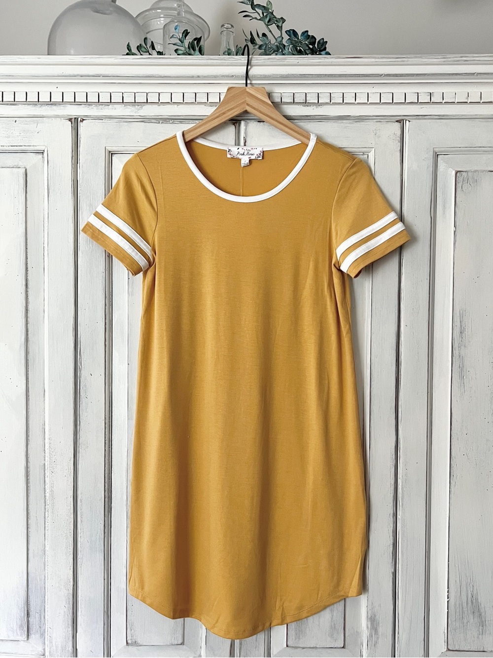 🟠NWT PINK ROSE Comfy T-Shirt Mini Dress w/White Stripes on Sleeves -Gold Mine